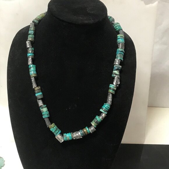 Genuine Turquoise Sterling Silver Necklace Heishi Beads Antique Sustainable 925 - Picture 4 of 8